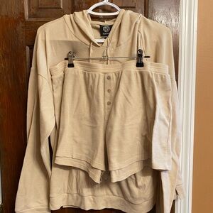 bobeau Beige Ribbed Hooded Pajama Set